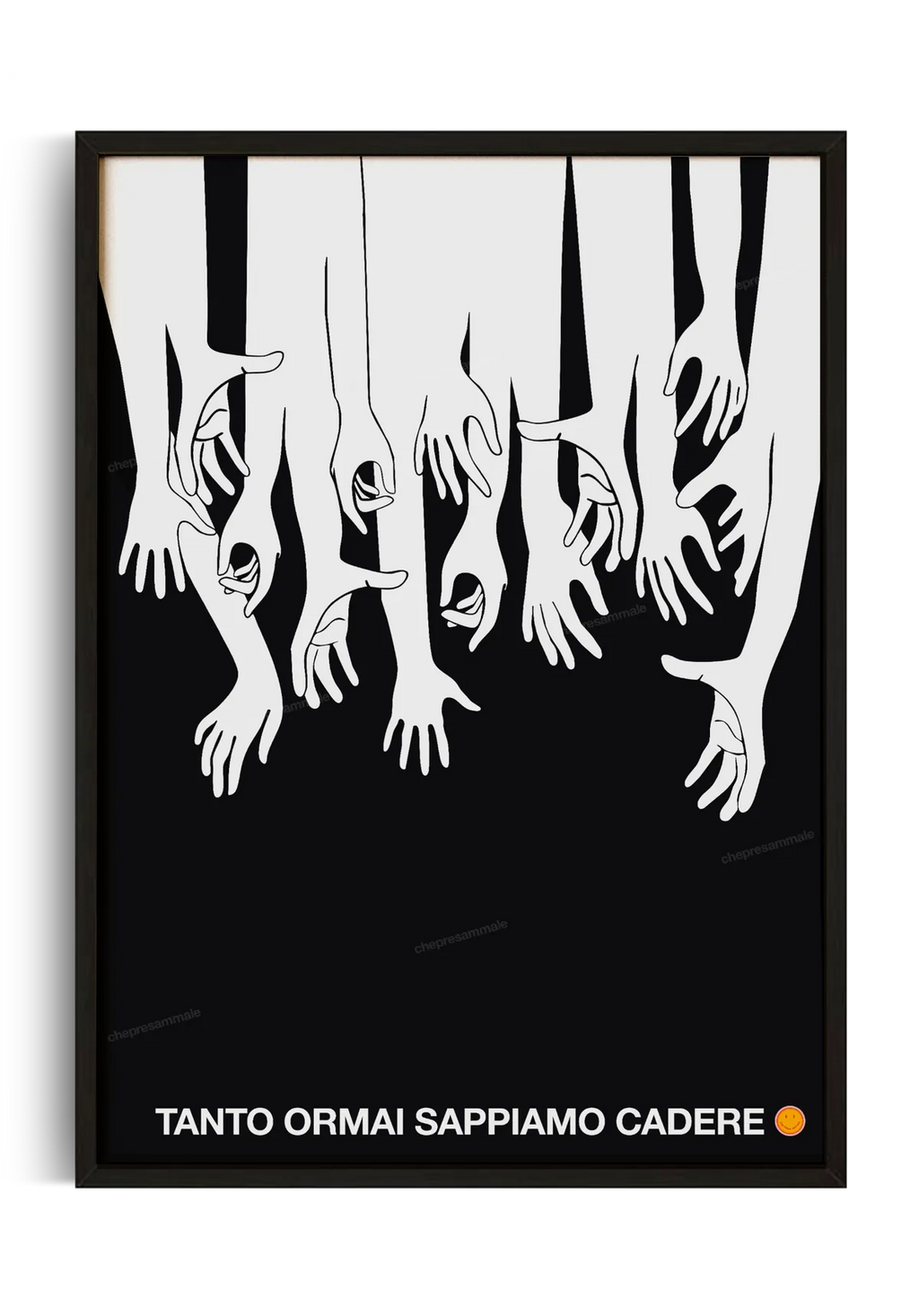 Poster moderno minimal bianco e nero con illustrazione di mani e frase “tanto ormai sappiamo cadere”, stampa decorativa