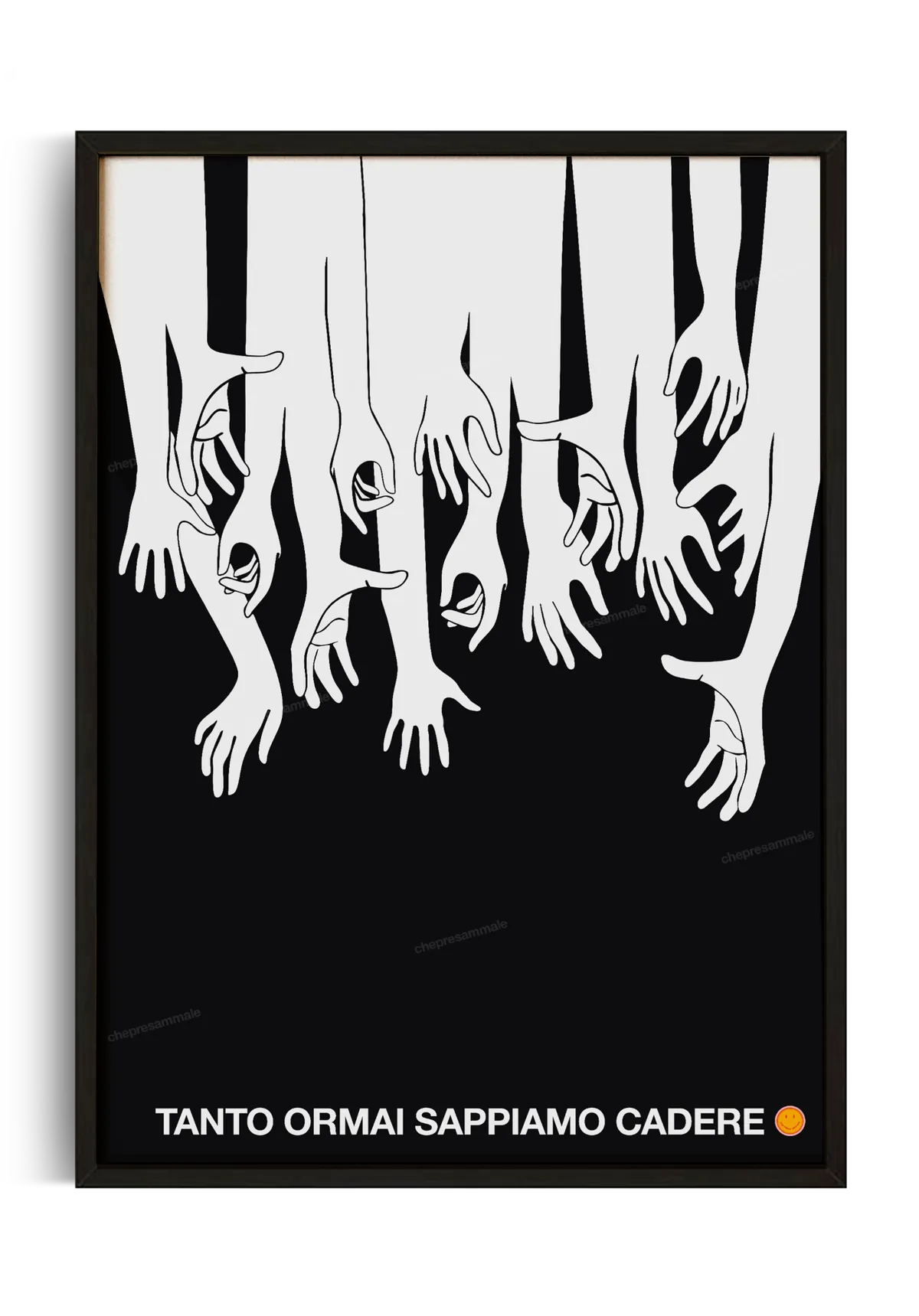 Poster moderno minimal bianco e nero con illustrazione di mani e frase “tanto ormai sappiamo cadere”, stampa decorativa